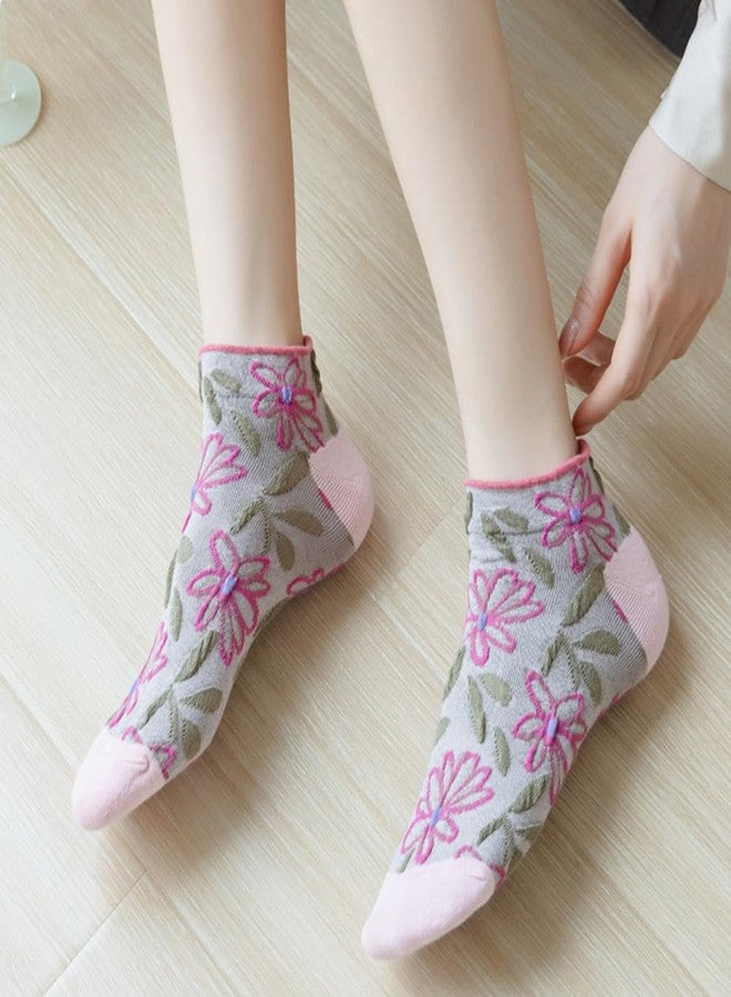Violet Mist 5 Pairs Cute Floral Ankle Socks Vintage Patterned Cottagecore Frilly Short Casual Cotton Socks Novelty Fancy Kawaii Embroidered Lettuce Flower No Show for Girls Women - Image 4