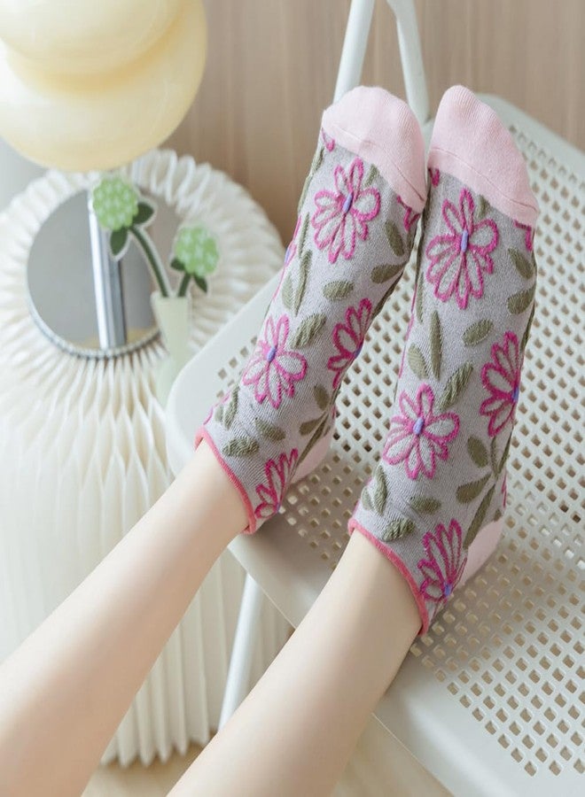 Violet Mist 5 Pairs Cute Floral Ankle Socks Vintage Patterned Cottagecore Frilly Short Casual Cotton Socks Novelty Fancy Kawaii Embroidered Lettuce Flower No Show for Girls Women - Image 2