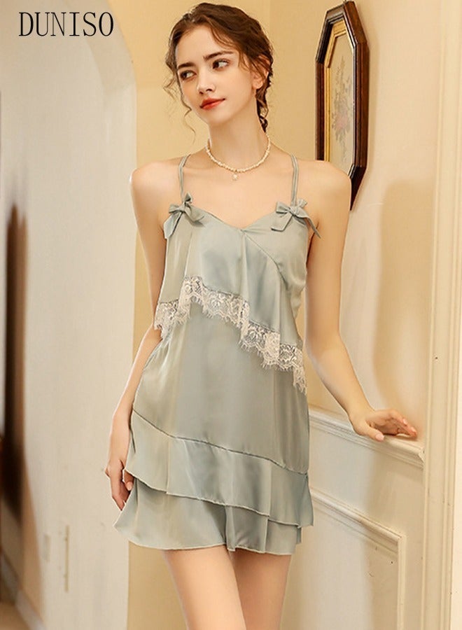 DUNISO Women's Sleeveless Nightgown with Lace Trim Camisole Sleep Dress Built in Bra Removable Pads Sleepwear Softable Silk V-Neck Pajama Dress For Ladies - Image 2