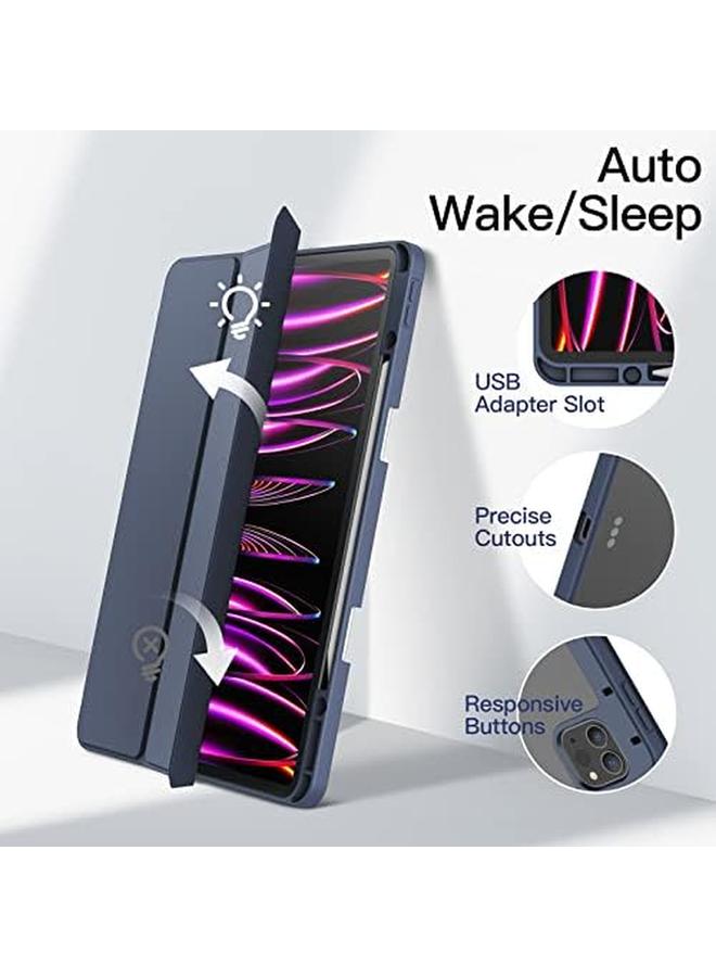 جي تيك حافظة لجهاز ايباد برو 12.9 انش 2022 2021 2020 2018 مع حامل قلم شفاف خلفي شفاف مع حامل رفيع وغطاء لوحي مضاد للصدمات مع خاصية الاستيقاظ التلقائي والاستيقاظ باللون الأزرق الداكن - Image 5