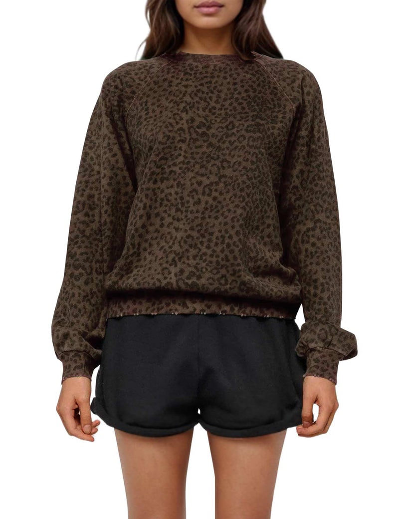 Livtany Women's Leopard Print Loose Fit Sweatshirt Crew Neck Long Sleeve Blouse Casual Distressed Hem Graphic Pullover Tops Dark Brown - Image 1