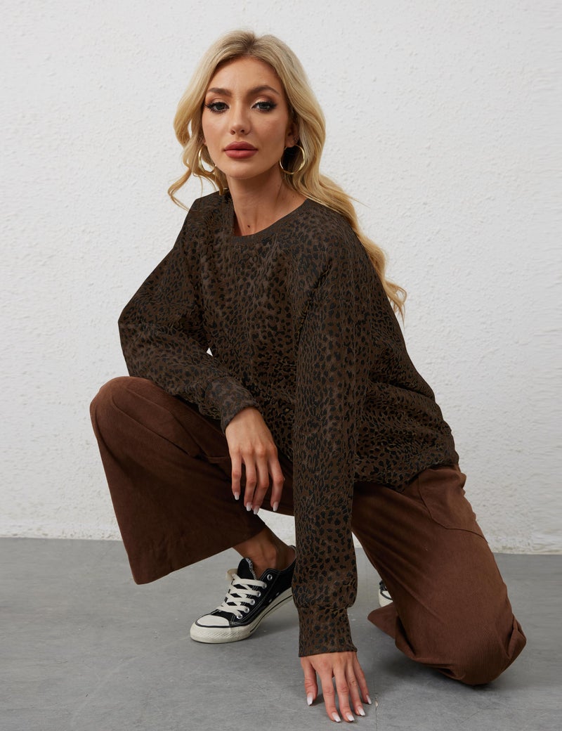 Livtany Women's Leopard Print Loose Fit Sweatshirt Crew Neck Long Sleeve Blouse Casual Distressed Hem Graphic Pullover Tops Dark Brown - Image 4