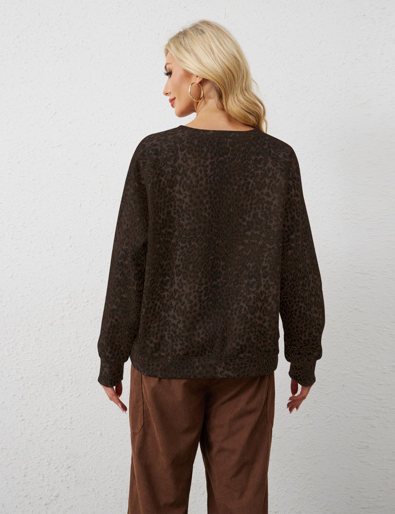 Livtany Women's Leopard Print Loose Fit Sweatshirt Crew Neck Long Sleeve Blouse Casual Distressed Hem Graphic Pullover Tops Dark Brown - Image 3