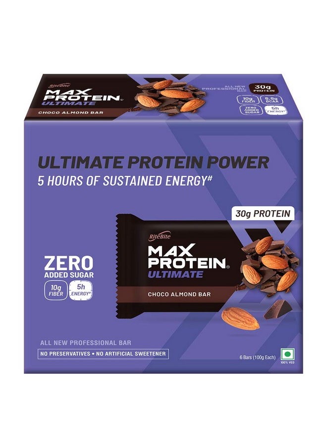 RiteBite Max Protein Ultimate Choco Almond 30G Protein Bars [Pack Of 6] Protein Blend, Fiber, Vitamins & Minerals, No Preservatives, 100% Veg, No Added Sugar, For Energy, Fitness & Immunity - 600G  - Image 1