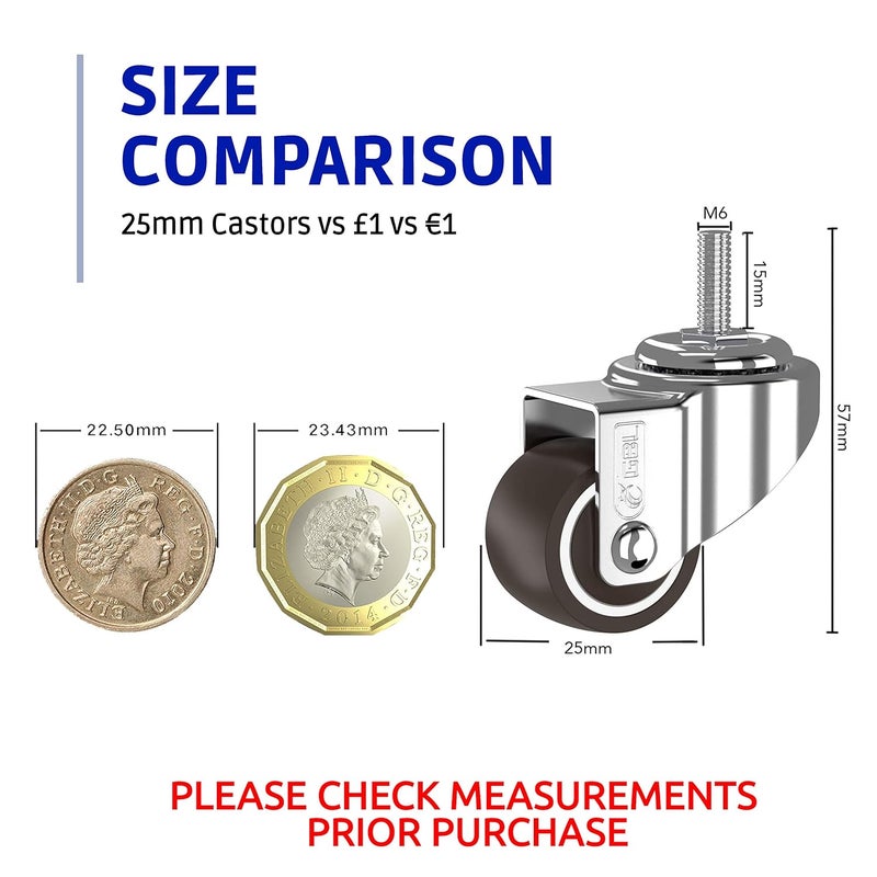 G&BL 1" inch Small Caster Wheels with 2 Brakes + Screws M6x15mm - 90Lbs - Low Profile Castor Wheels with Brakes - Set of 4 No Floor Marks Silent Casters - Image 2