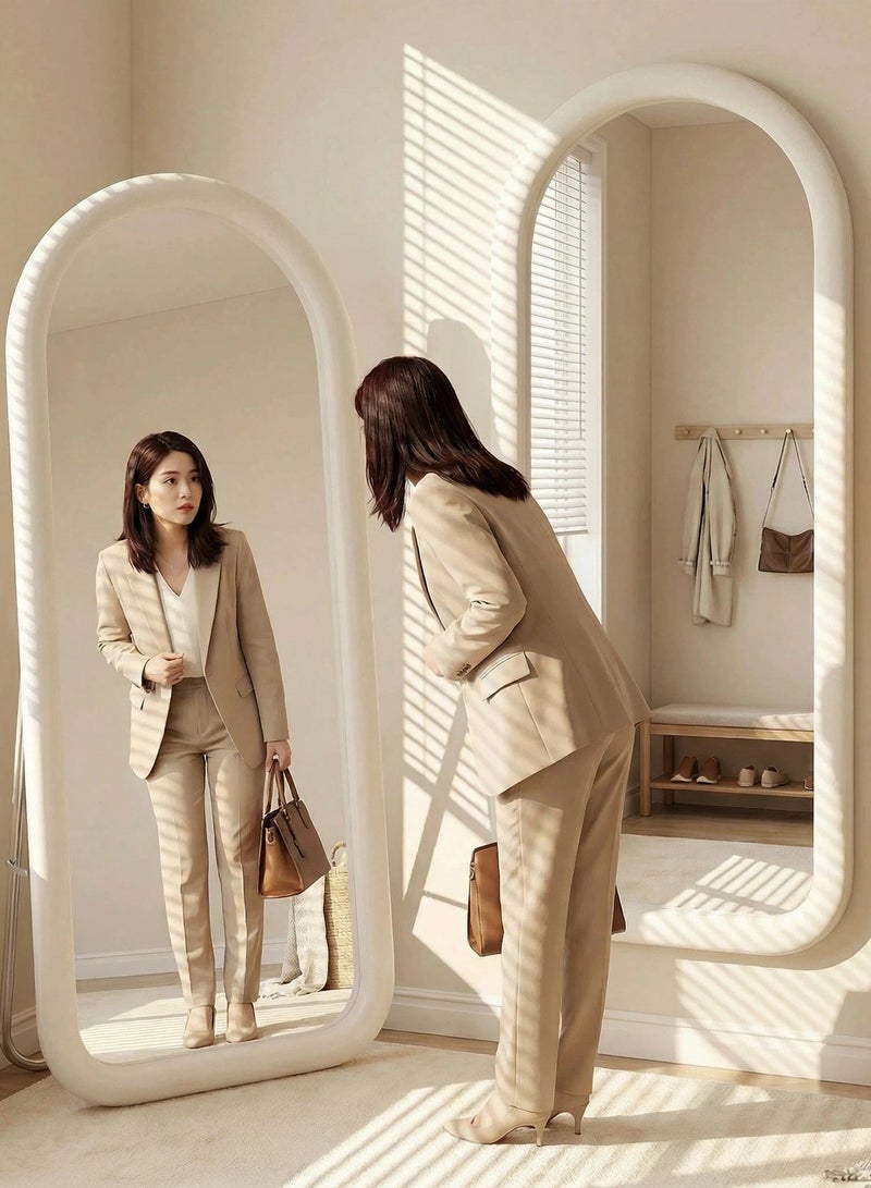 Bluejw Full Length Mirror Floor Mirrors with Thick Rounded Velvet Fabric Frame Free-Standing Leaning Large Bedroom Dressing Mirror Full Body Mirror Standing Mirror Wall Mounted Mirror Makeup Mirror for Living Room Off-White - Image 5