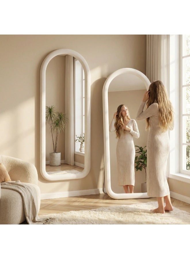 Bluejw Full Length Mirror Floor Mirrors with Thick Rounded Velvet Fabric Frame Free-Standing Leaning Large Bedroom Dressing Mirror Full Body Mirror Standing Mirror Wall Mounted Mirror Makeup Mirror for Living Room Off-White - Image 2