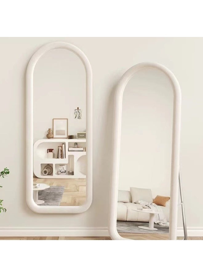 Full Length Mirror Floor Mirrors with Thick Rounded Velvet Fabric Frame Free-Standing Leaning Large Bedroom Dressing Mirror Full Body Mirror Standing Mirror Wall Mounted Mirror Makeup Mirror for Living Room Off-White