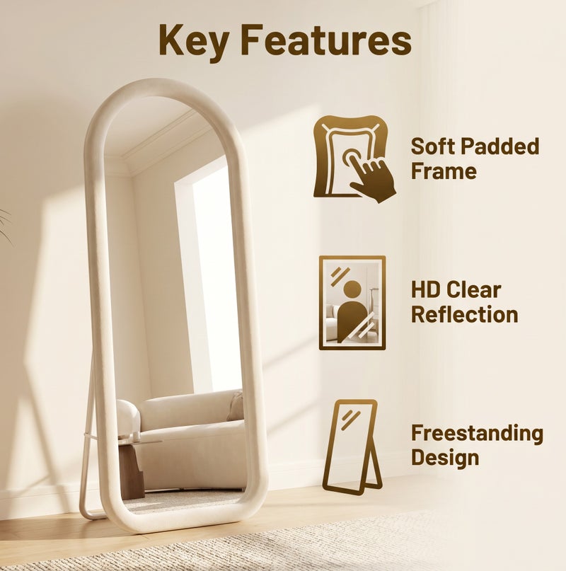 Bluejw Full Length Mirror Floor Mirrors with Thick Rounded Velvet Fabric Frame Free-Standing Leaning Large Bedroom Dressing Mirror Full Body Mirror Standing Mirror Wall Mounted Mirror Makeup Mirror for Living Room Off-White - Image 2