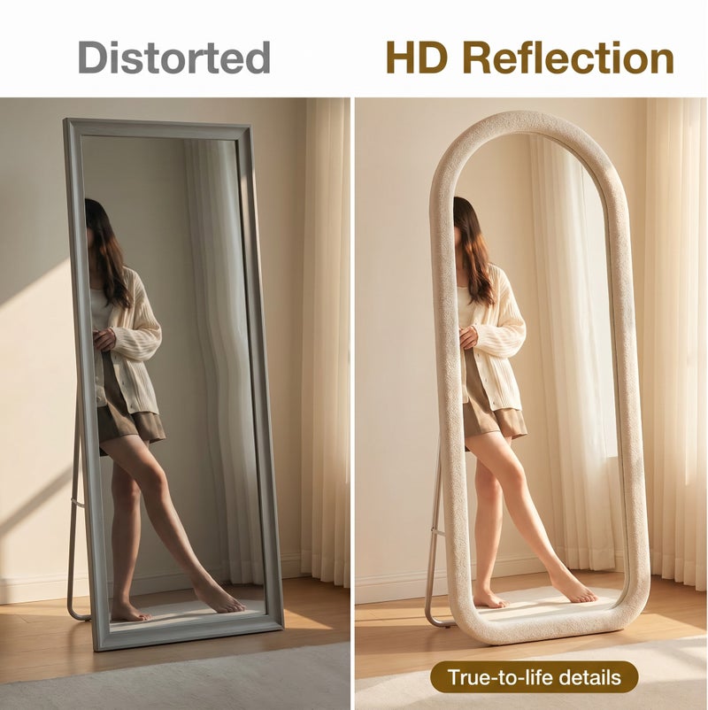 Bluejw Full Length Mirror Floor Mirrors with Thick Rounded Velvet Fabric Frame Free-Standing Leaning Large Bedroom Dressing Mirror Full Body Mirror Standing Mirror Wall Mounted Mirror Makeup Mirror for Living Room Off-White - Image 4