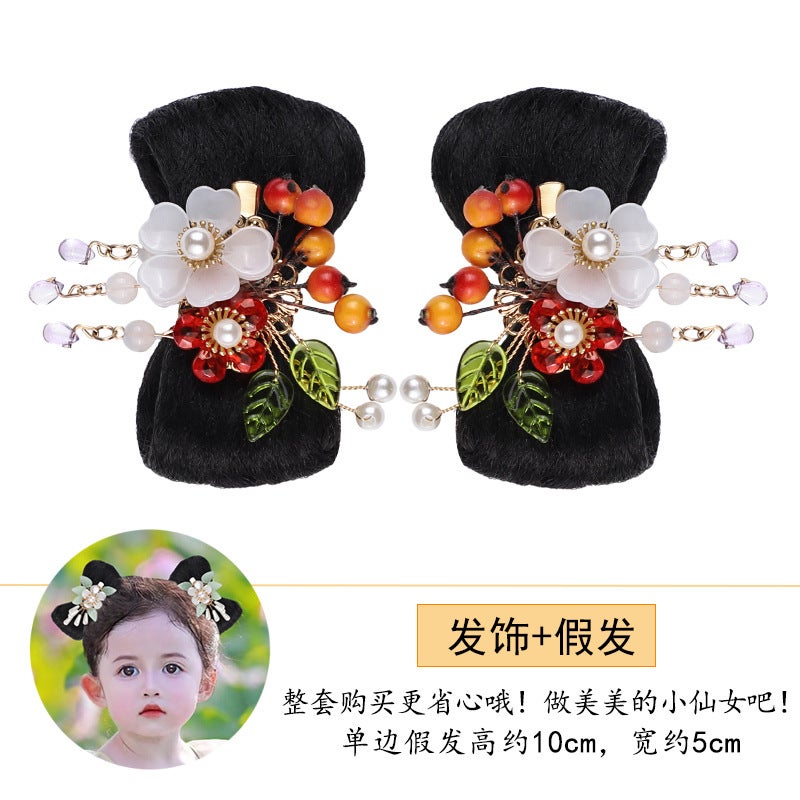 Generic Childrens Hanfu wig bag daily ancient costume bow bun ancient style wig girls hair accessories Headdress Ball head L254 hairpin pair + VP058 wig