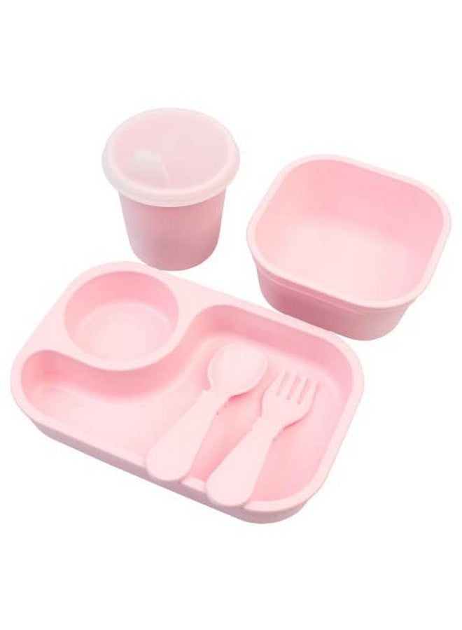 Re-Play Tiny Dining Set Feeding Supplies for Babies and Toddlers, Includes Food Tray, Cup, Bowl, Utensils - Microwave & Dishwasher Safe - Made in USA - 5pc - Ice Pink - Image 1