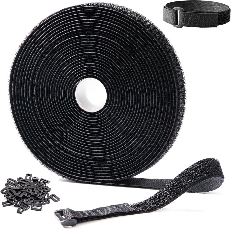 Trilancer 10M x 2CM Reusable Cable Ties, Adjustable Hook and Loop Straps with 50 Buckles, Cut to Length, Ideal for Wire Management, Cord Organizer, and Cable Straps, Black - Image 1