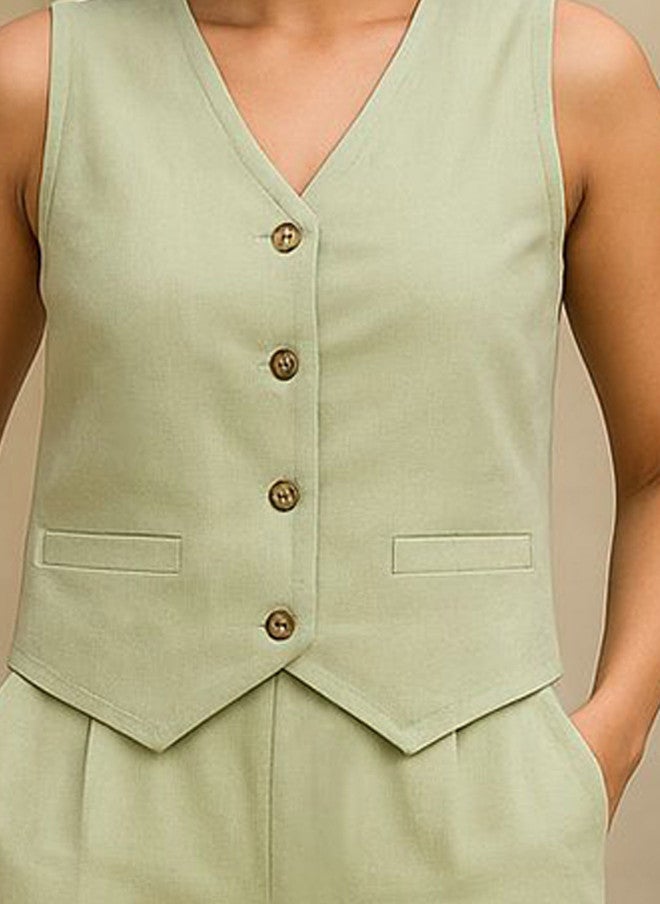 StyleStone V-Neck Sleeveless Linen Waistcoat with Trousers in Green - Image 2