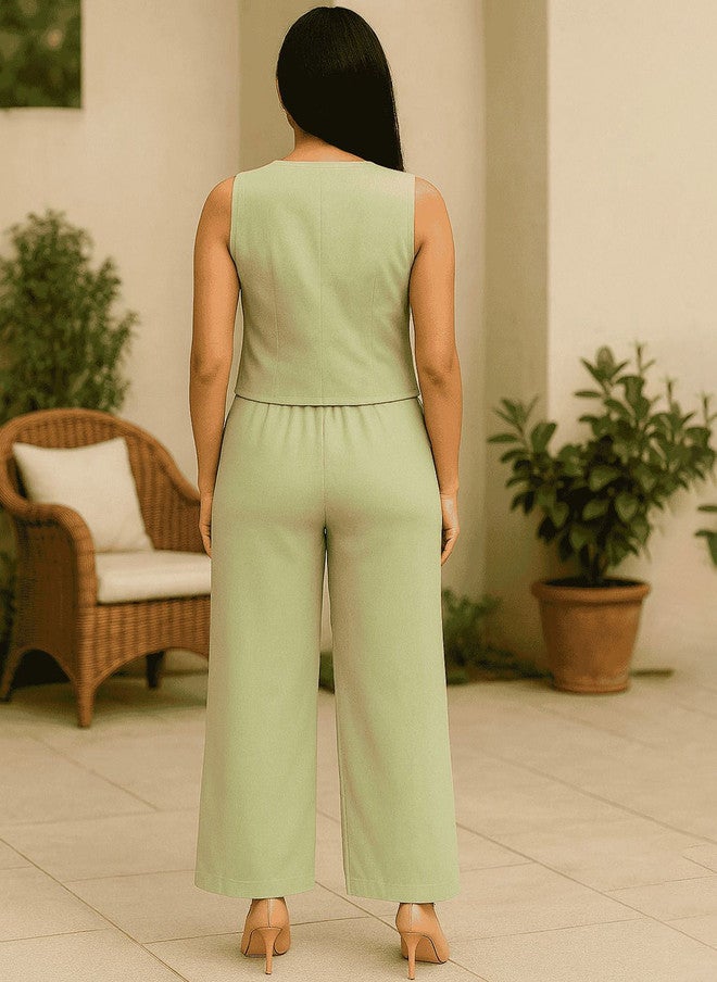 StyleStone V-Neck Sleeveless Linen Waistcoat with Trousers in Green - Image 3