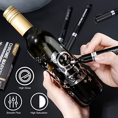 KERIFI Silver Liquid Chrome Mirror Markers Oil-Based Permanent Art Liquid Chrome Marker Set, Reflective Gloss Metallic Mirror Marker, Repair Paint Pen for Model Metal Plastic DIY Craft (5pack, 1-3mm) - Image 2