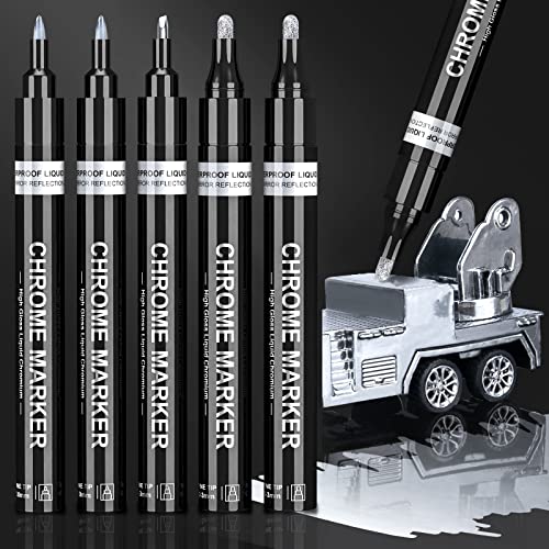 KERIFI Silver Liquid Chrome Mirror Markers Oil-Based Permanent Art Liquid Chrome Marker Set, Reflective Gloss Metallic Mirror Marker, Repair Paint Pen for Model Metal Plastic DIY Craft (5pack, 1-3mm) - Image 1