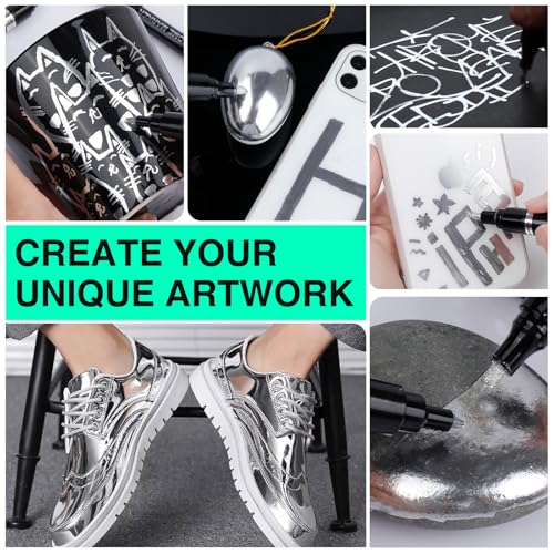 KERIFI Silver Liquid Chrome Mirror Markers Oil-Based Permanent Art Liquid Chrome Marker Set, Reflective Gloss Metallic Mirror Marker, Repair Paint Pen for Model Metal Plastic DIY Craft (5pack, 1-3mm) - Image 5