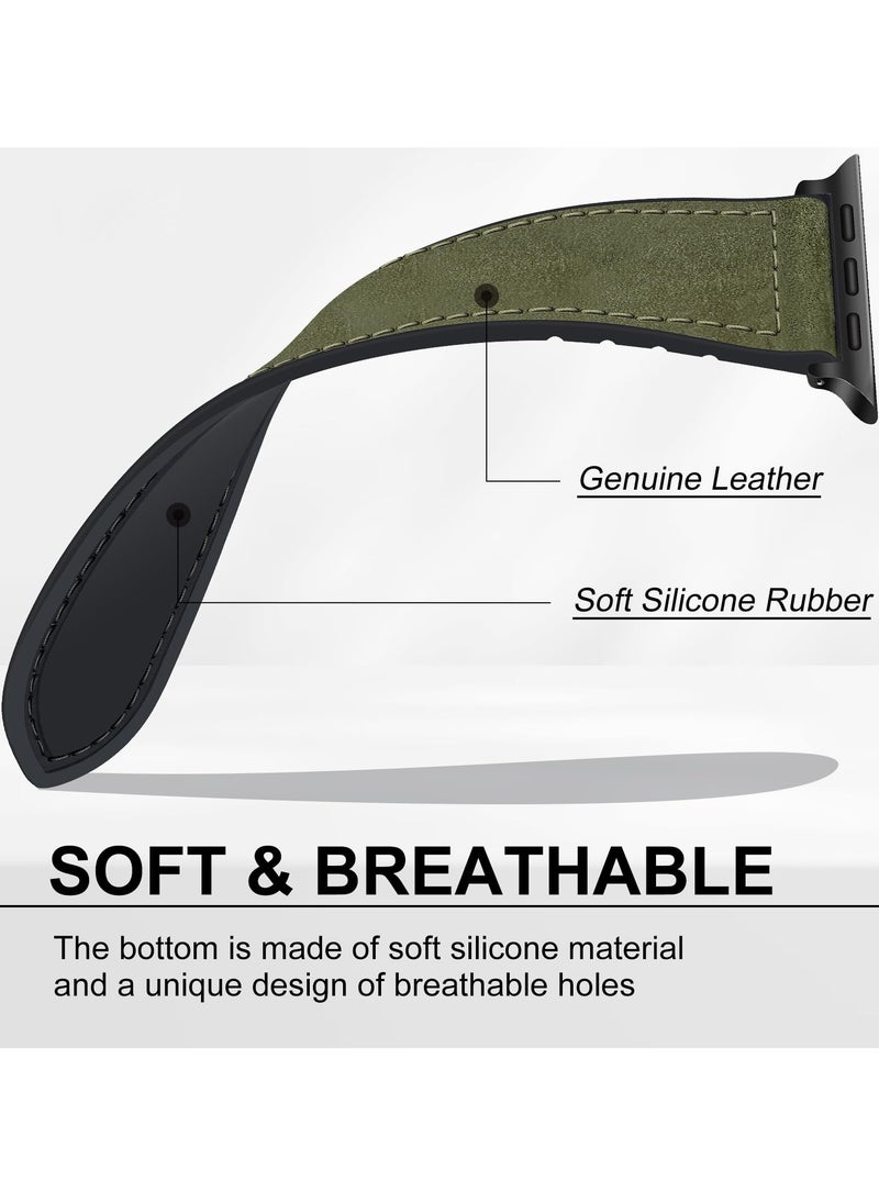 Generic - Genuine Leather Watch Band for Apple Watch Ultra and Series 7/8/9, 49mm/45mm/44mm/42mm, Stylish Green Strap with Magnetic Buckle - Image 1