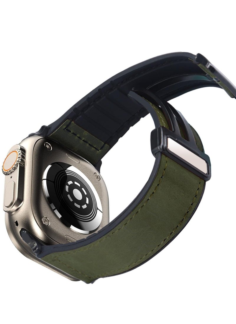 Generic - Genuine Leather Watch Band for Apple Watch Ultra and Series 7/8/9, 49mm/45mm/44mm/42mm, Stylish Green Strap with Magnetic Buckle - Image 1