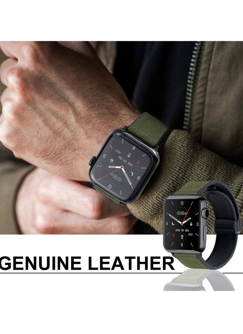 Generic - Genuine Leather Watch Band for Apple Watch Ultra and Series 7/8/9, 49mm/45mm/44mm/42mm, Stylish Green Strap with Magnetic Buckle - Image 1