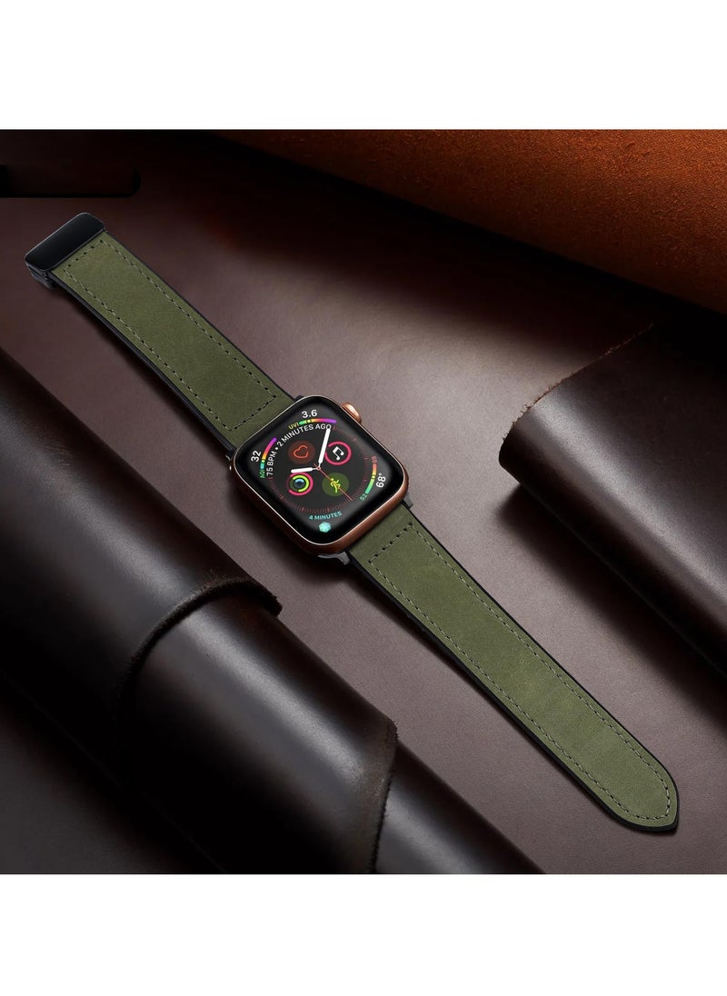 Generic - Genuine Leather Watch Band for Apple Watch Ultra and Series 7/8/9, 49mm/45mm/44mm/42mm, Stylish Green Strap with Magnetic Buckle - Image 1