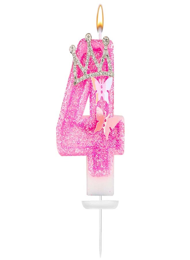 XIHIRCD شمعة عيد ميلاد على شكل رقم، شموع كعكة وردية لامعة على شكل رقم 2.87 بوصة مع فراشة وتاج من أحجار الراين، شموع عيد ميلاد للبنات على شكل رقم، زينة مثالية لأعياد الميلاد والذكرى السنوية (الرقم 4) - Image 1