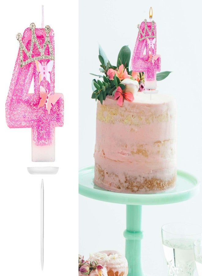 XIHIRCD شمعة عيد ميلاد على شكل رقم، شموع كعكة وردية لامعة على شكل رقم 2.87 بوصة مع فراشة وتاج من أحجار الراين، شموع عيد ميلاد للبنات على شكل رقم، زينة مثالية لأعياد الميلاد والذكرى السنوية (الرقم 4) - Image 3