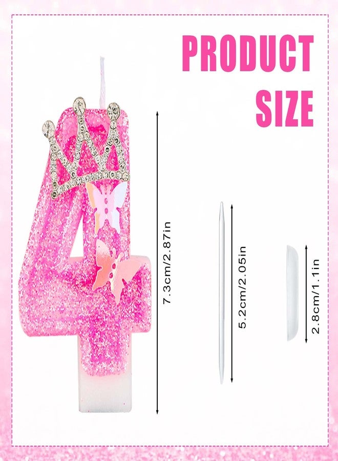 XIHIRCD شمعة عيد ميلاد على شكل رقم، شموع كعكة وردية لامعة على شكل رقم 2.87 بوصة مع فراشة وتاج من أحجار الراين، شموع عيد ميلاد للبنات على شكل رقم، زينة مثالية لأعياد الميلاد والذكرى السنوية (الرقم 4) - Image 2