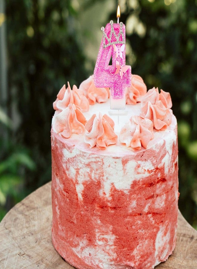 XIHIRCD شمعة عيد ميلاد على شكل رقم، شموع كعكة وردية لامعة على شكل رقم 2.87 بوصة مع فراشة وتاج من أحجار الراين، شموع عيد ميلاد للبنات على شكل رقم، زينة مثالية لأعياد الميلاد والذكرى السنوية (الرقم 4) - Image 5