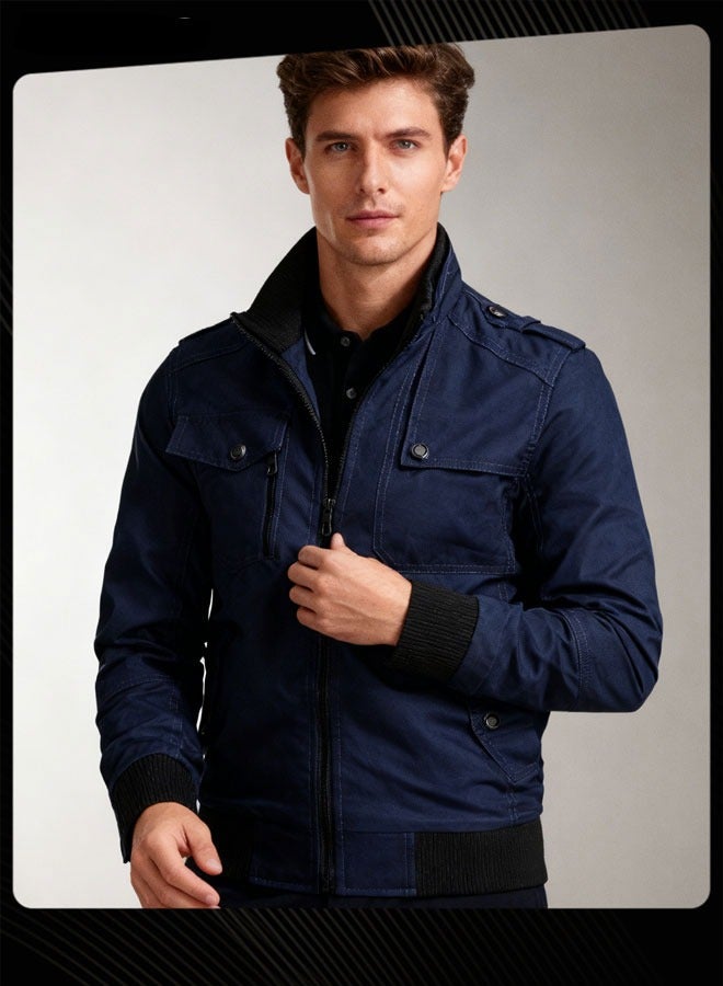 جاكيت بأكمام طويلة وياقة قائمة أزرق داكن - Image 1