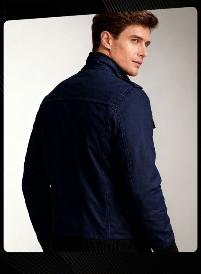 جاكيت بأكمام طويلة وياقة قائمة أزرق داكن - Image 2