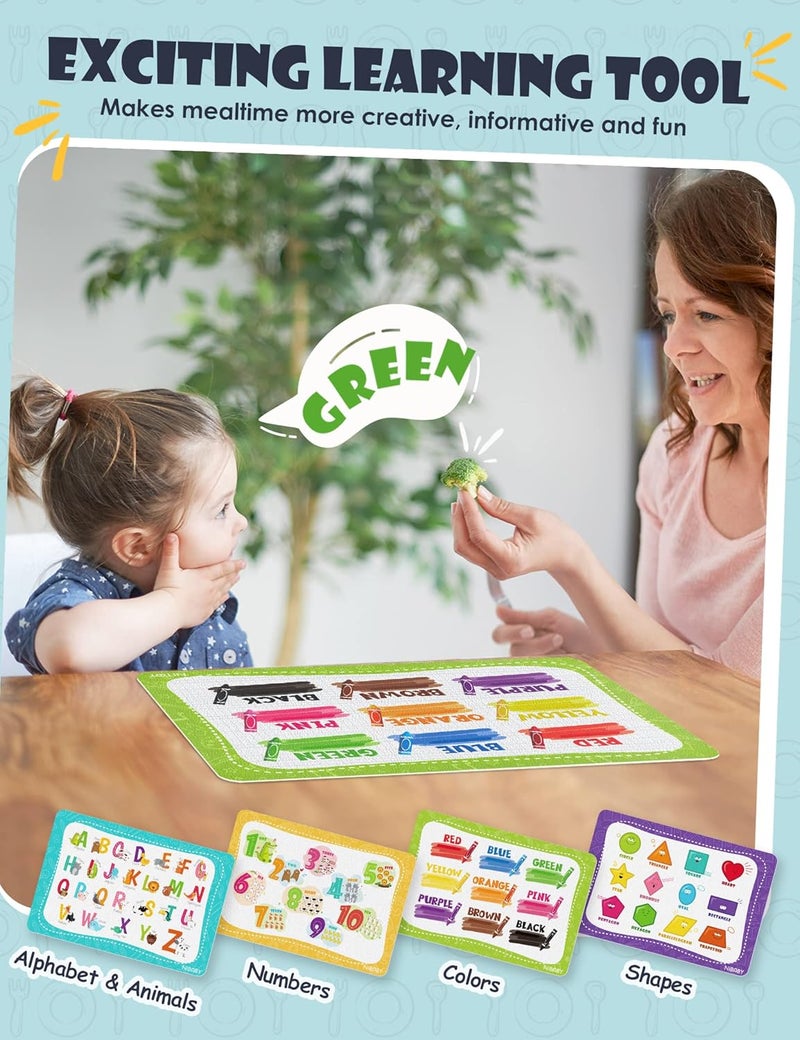 NiBaby Kids Non Slip Educational Placemats Set of 4 Washable Childrens Interactive Placemats Foldable Toddler Placemats for Learning Alphabet Numbers Shapes Colors Durable Reusable PU Leather - Image 3