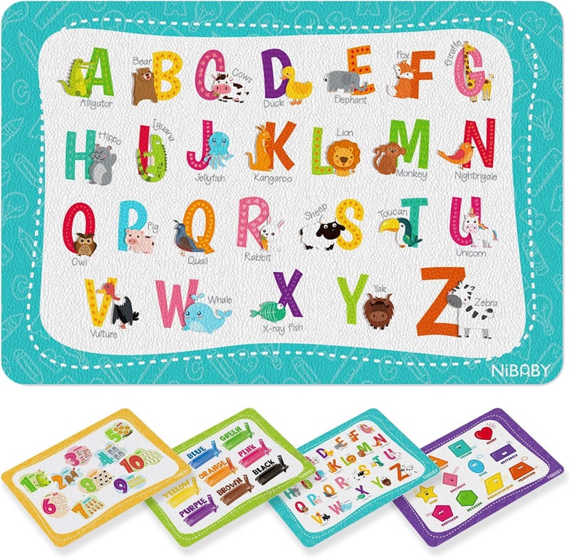NiBaby Kids Non Slip Educational Placemats Set of 4 Washable Childrens Interactive Placemats Foldable Toddler Placemats for Learning Alphabet Numbers Shapes Colors Durable Reusable PU Leather - Image 1