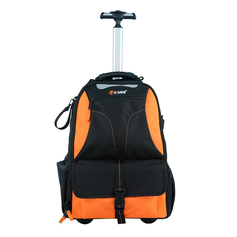 KUNN Rolling Tool Backpack Heavy Duty 37Pocket Tool Bag with Wheels for Electrician Construction HVAC Orange