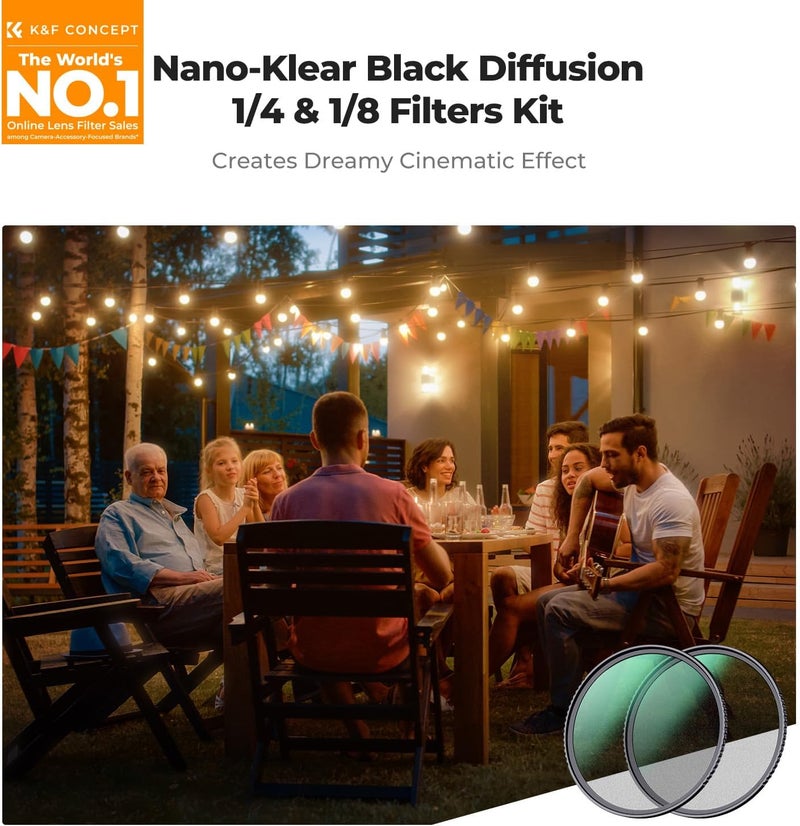 K&F CONCEPT 72mm مرشح الانتشار الأسود 1/4 و1/8 مجموعة، Nano-K | مجموعة موزع التوهج الناعم للصور الشخصية والفيديو وأضواء الليل ومظاهر الأفلام، FS304 - Image 2