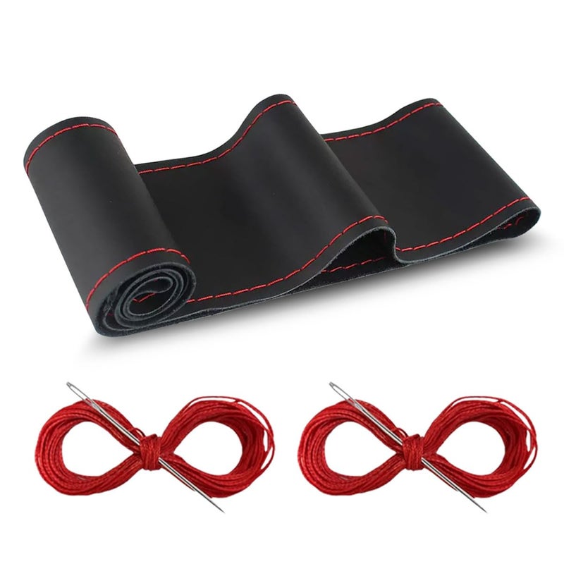 Car Genuine Leather Steering Wheel Cover DIY Sewing with Needle and Thread Breathable and AntiSlip Universal 15 Inch Car Steering Wheel Stitching Wrap Black Red Glossy