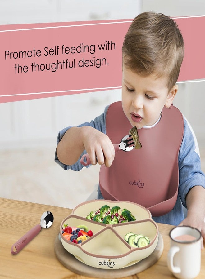 Cubkins Silicone Suction Plate, Bib and Stainless Steel Spoon and Fork Set of 4 for Baby Feeding | BPA Free, Washable and Reusable Feeding Set for Babies & Toddler (Raspberry) - Image 2