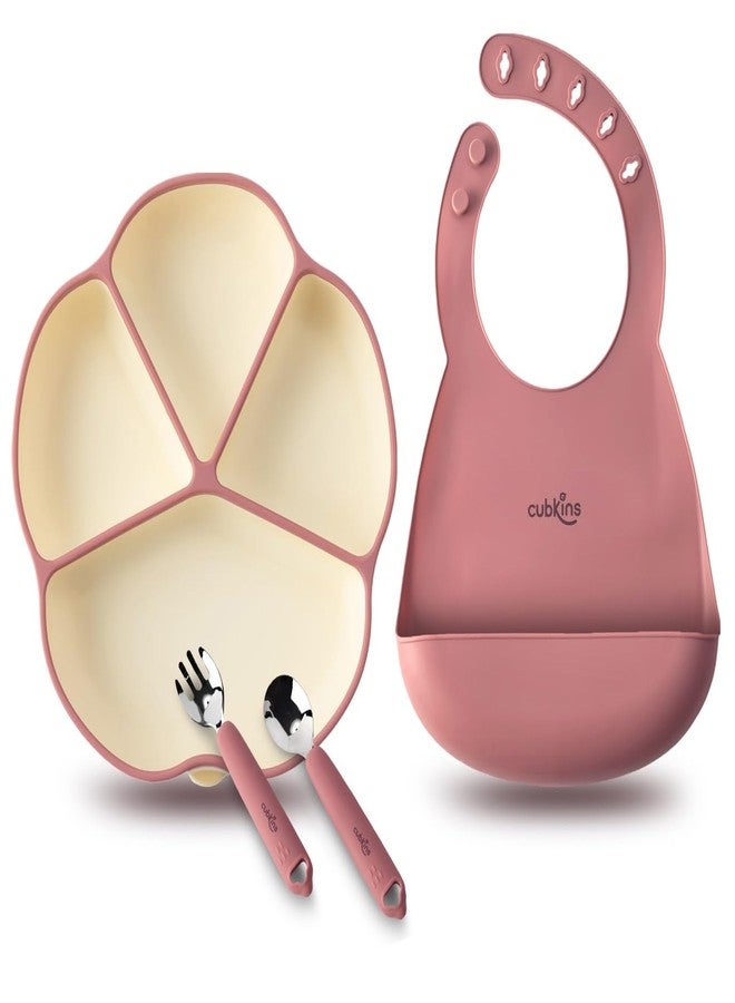 Cubkins Silicone Suction Plate, Bib and Stainless Steel Spoon and Fork Set of 4 for Baby Feeding | BPA Free, Washable and Reusable Feeding Set for Babies & Toddler (Raspberry) - Image 1
