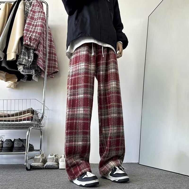 2024 Fall Winter Mens Trendy Wool Plaid Casual Pants Red fleece-lined