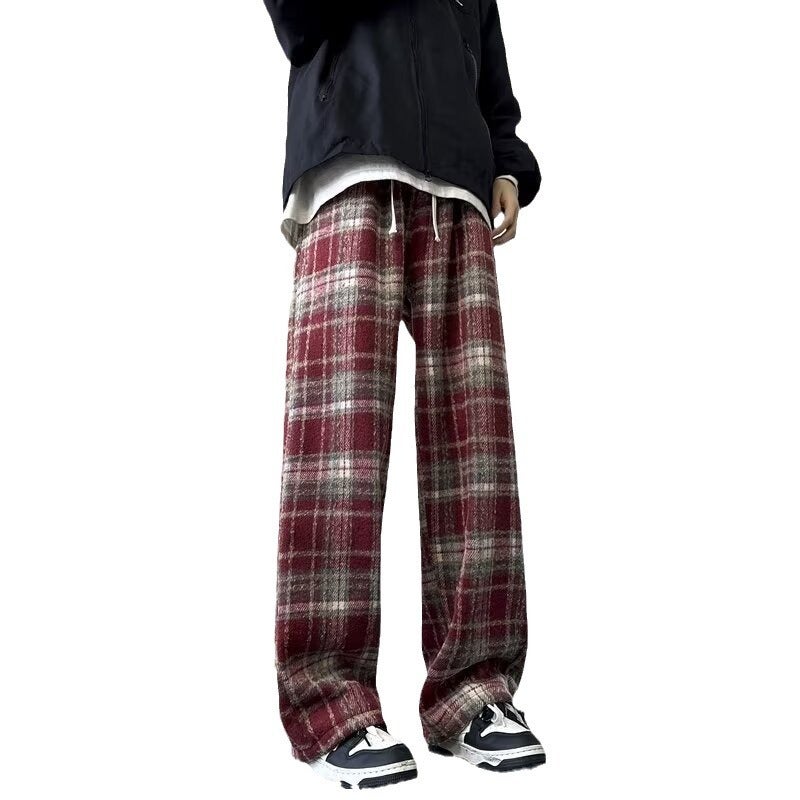 2024 Fall Winter Mens Trendy Wool Plaid Casual Pants Red fleece-lined