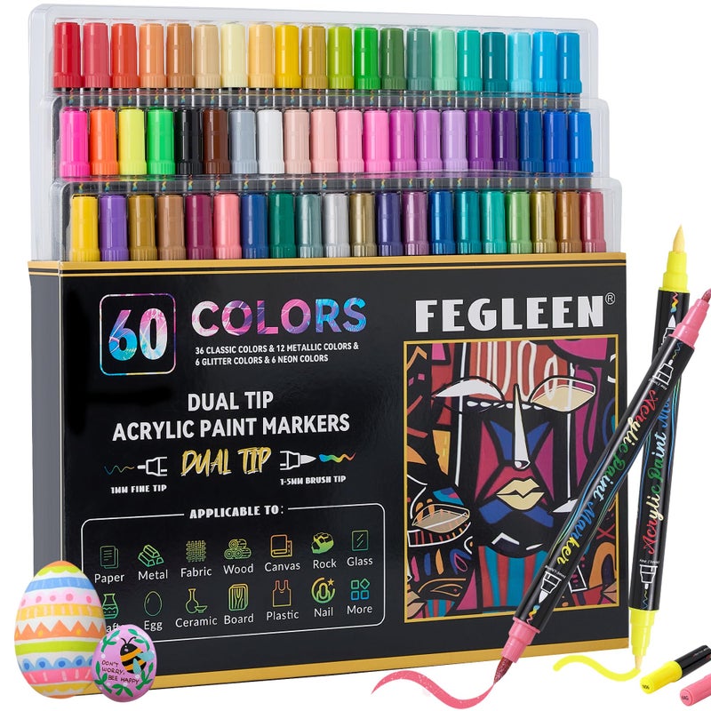 FEGLEEN 60 Colors Acrylic Paint Markers,Dual Tip Acrylic paint Pens Contain 12 Metallic Colors 6 Glitter and 6 Neon Markers for Rock Painting,Egg,Wood,Glass,Canvas,Ceramic,Crafts,Art Supplies - Image 1