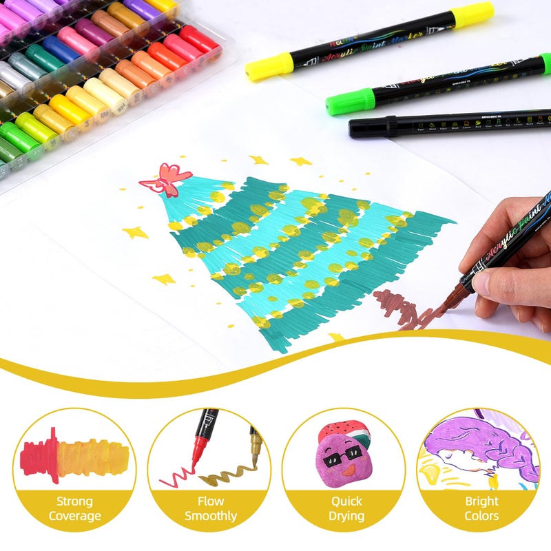 FEGLEEN 60 Colors Acrylic Paint Markers,Dual Tip Acrylic paint Pens Contain 12 Metallic Colors 6 Glitter and 6 Neon Markers for Rock Painting,Egg,Wood,Glass,Canvas,Ceramic,Crafts,Art Supplies - Image 3