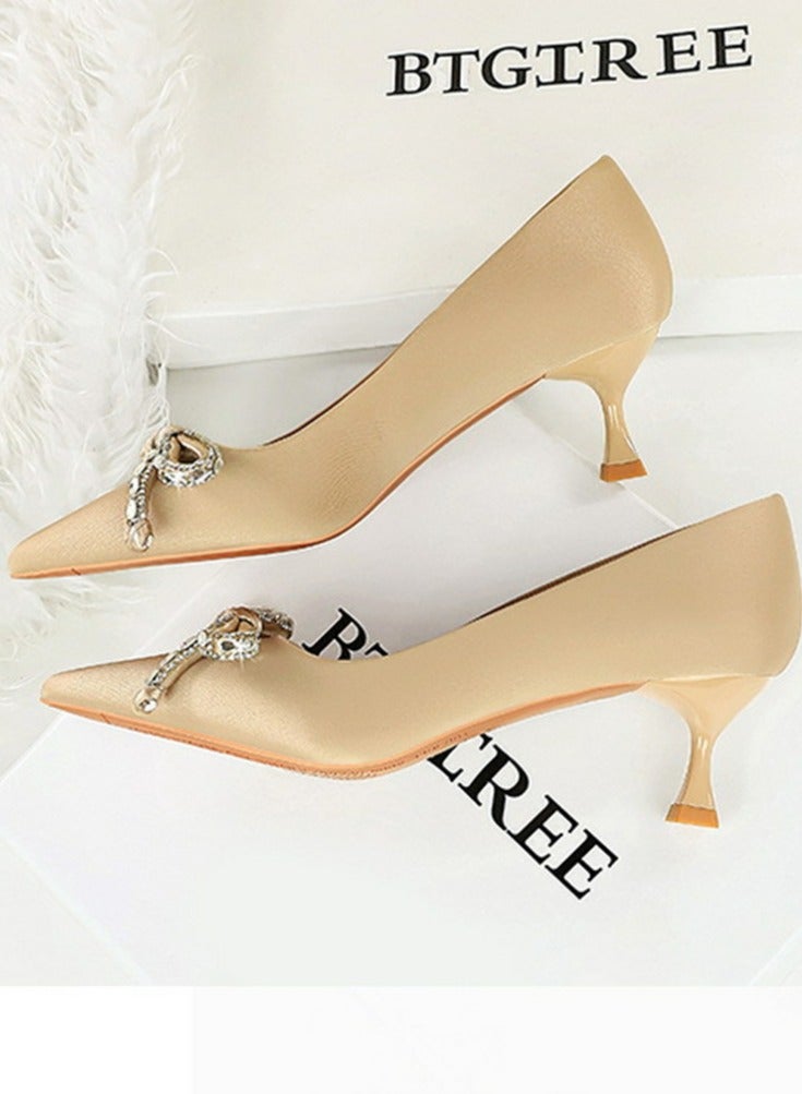 بيج تري المرأة أنيقة الساتين أشار إصبع القدم مغلق الكعب العالي 5CM الشمبانيا - Image 3