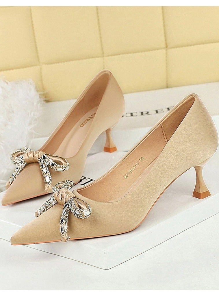 بيج تري المرأة أنيقة الساتين أشار إصبع القدم مغلق الكعب العالي 5CM الشمبانيا - Image 1