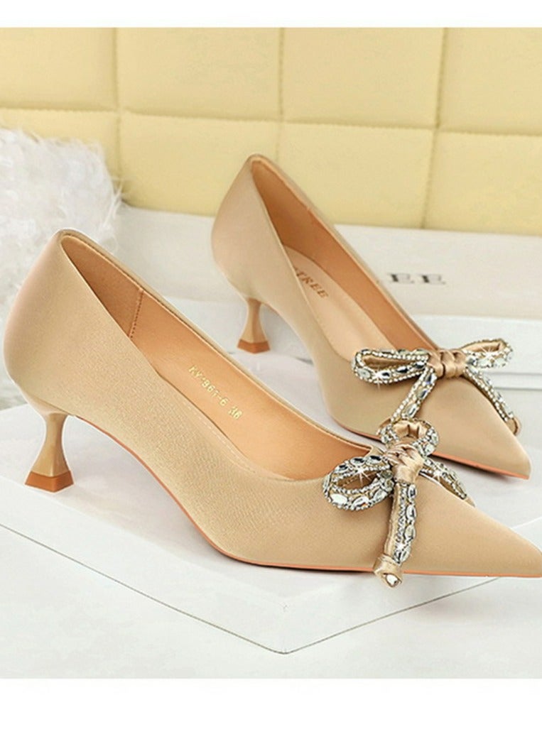 بيج تري المرأة أنيقة الساتين أشار إصبع القدم مغلق الكعب العالي 5CM الشمبانيا - Image 2