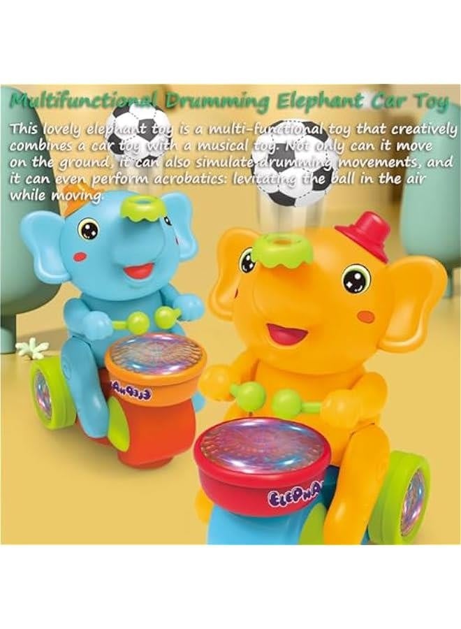 Drumming Elephant Car Toy, Multifunctional Elephant Musical Toy Blow Floating Ball Toy Elephant Tricycle Toy with Universal Wheel, Lights and Music, 2 Foam Balls (Yellow) - Image 2