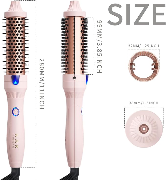 KK Thermal Brush Keratin Protect Heated Barrel Hot Hair Brush Ionic Smooth Shine Volumize Comb Dual Voltage Hair Straightener Curler Styling Tool 45 mm Pink 45 mm