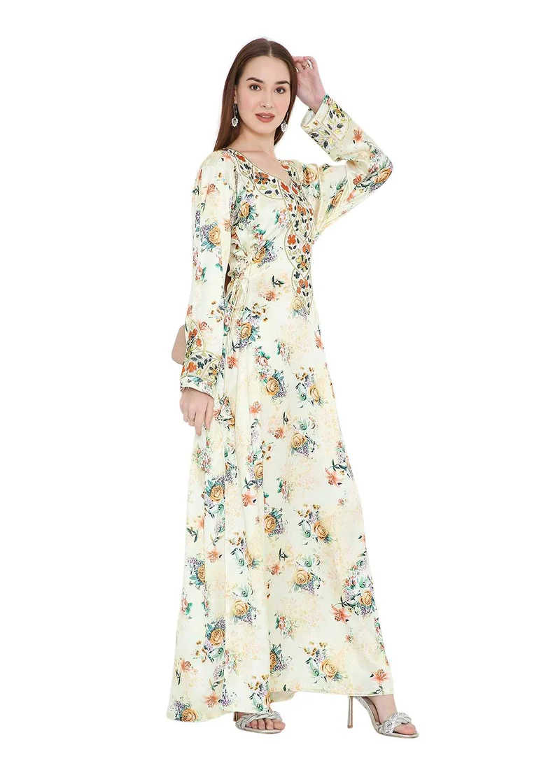 HANA & SARA VIBRANT COLOUR HAND BEADED FARASHA  UNIQUE FLORAL PRINTED ARABIC  JALABIYA DRESS