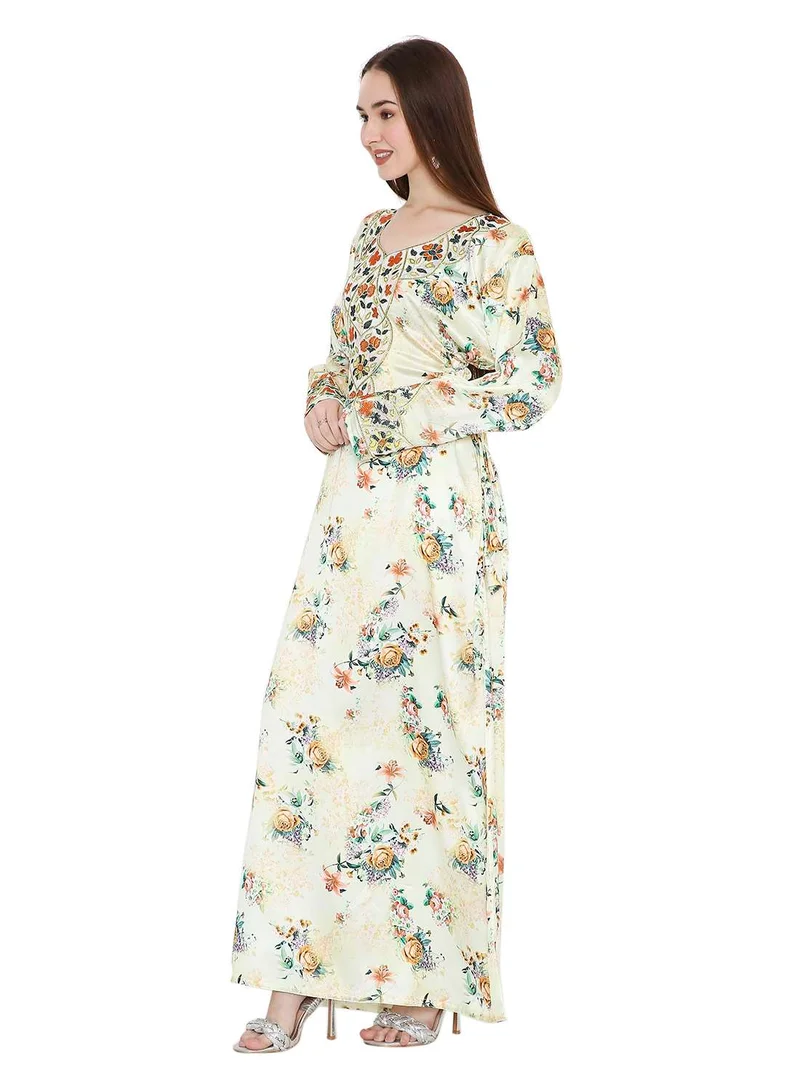 HANA & SARA VIBRANT COLOUR HAND BEADED FARASHA  UNIQUE FLORAL PRINTED ARABIC  JALABIYA DRESS